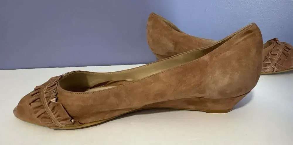 Butter Shoes Suede Ruffle Peep Toe Kitten Wedge Pumps Tan